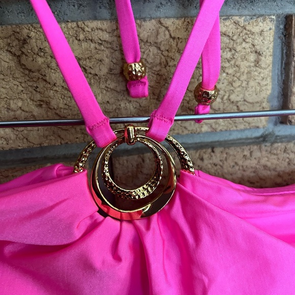 SUNSHINE 79 Sunshine Solids High Neck One Piece Gold Hardware Electric Pink Sz 4 - Picture 4 of 6